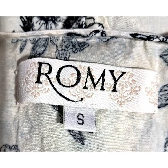 Romy Womens Small Floral Button-Down Blouse With Ruffle Collar Short Sleeves 100 - Picture 3 of 8